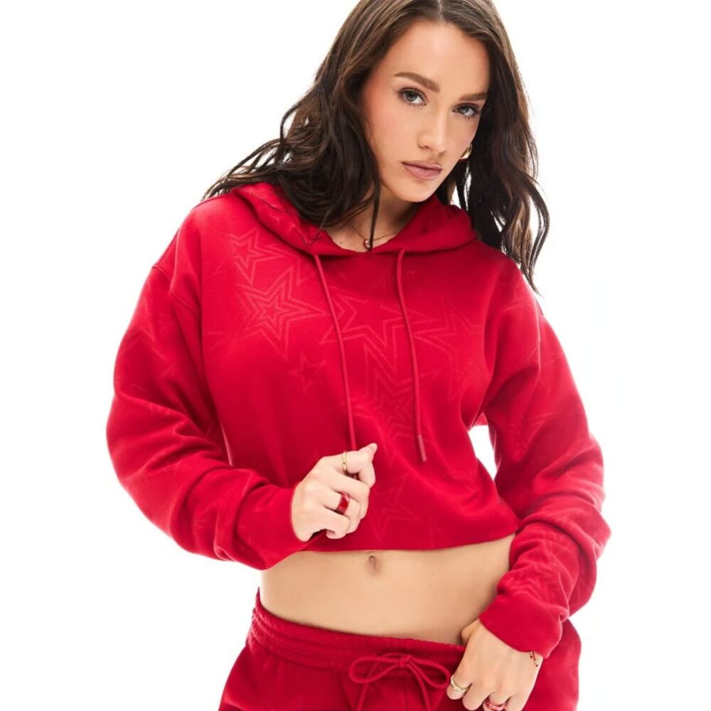 Yitty Fabletics Cozy Fleece Everyday Cropped Hoodie Red Star Print Size Medium M